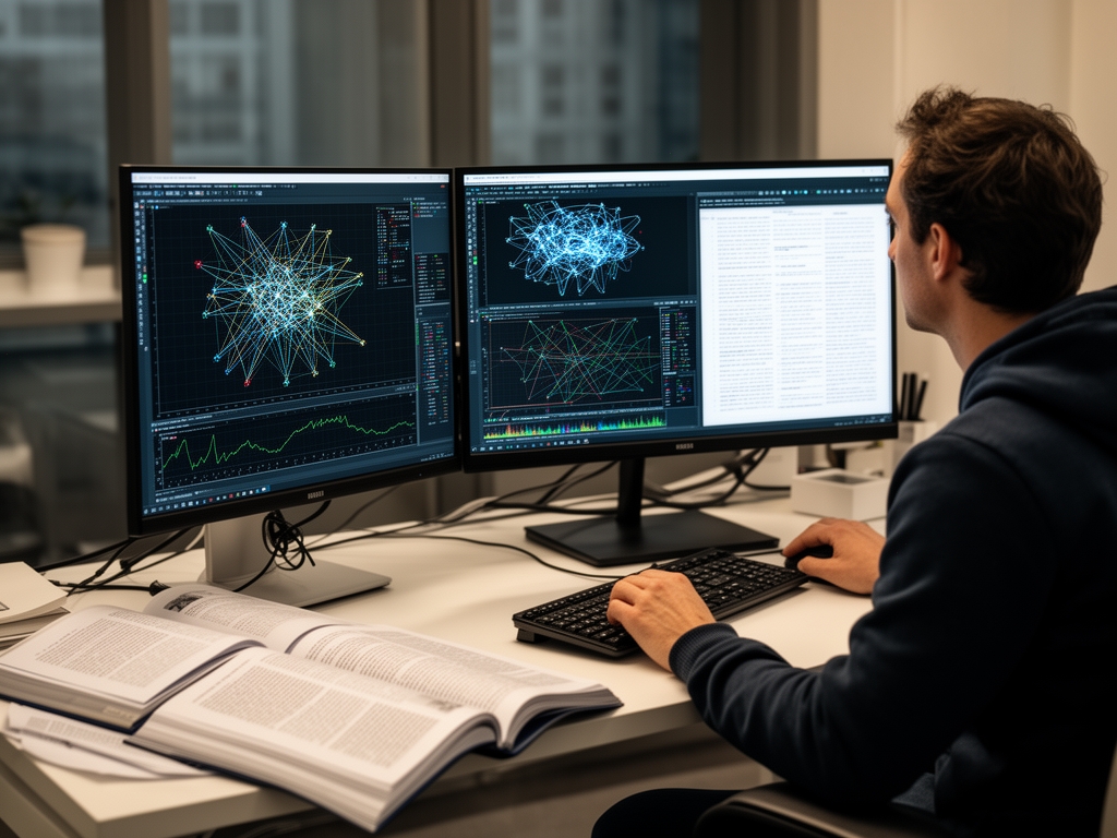 Исследовательский процесс: аналитик за двумя мониторами с графиками нейронных сетей и открытыми научными статьями об ИИ в тихом офисе