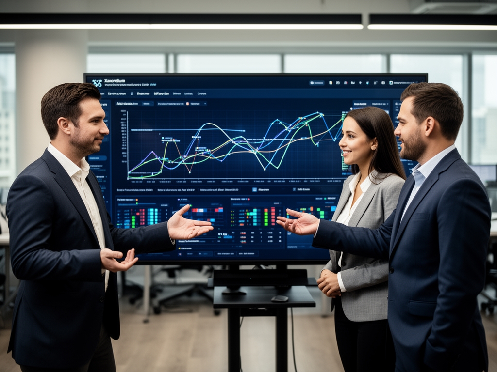 Команда аналитиков Xavorelium в современном офисе в Далласе: три специалиста обсуждают данные на большом экране с графиками машинного обучения