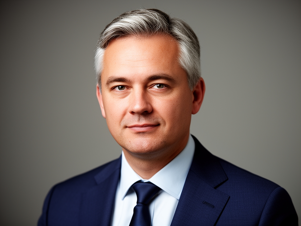 Портрет Виктора Демченко, советника по стратегии ИИ: мужчина 45 лет с седеющими висками в деловом костюме