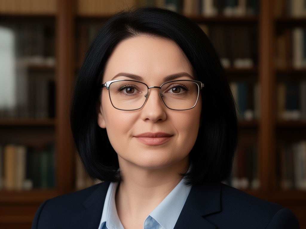 Портрет Натальи Симоненко, советника по этике ИИ: женщина 39 лет с тёмными волосами в стильных очках, академическая обстановка