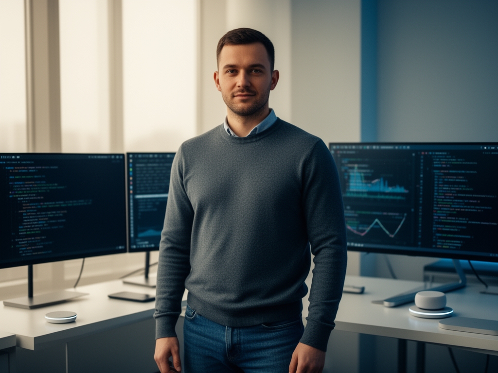 Портрет Романа Белова, советника по NLP и LLM: мужчина 34 лет в неформальной одежде, современная технологическая обстановка