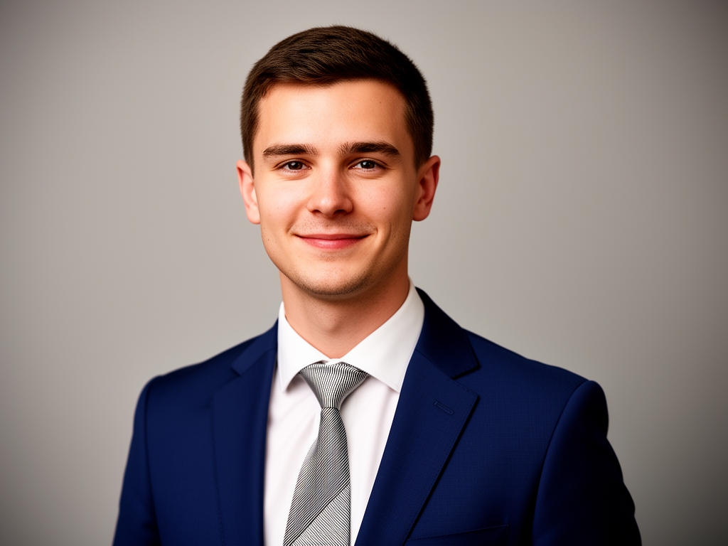 Портрет Алексея Мороза, IT-менеджера из Далласа, мужчина 35 лет в деловом пиджаке