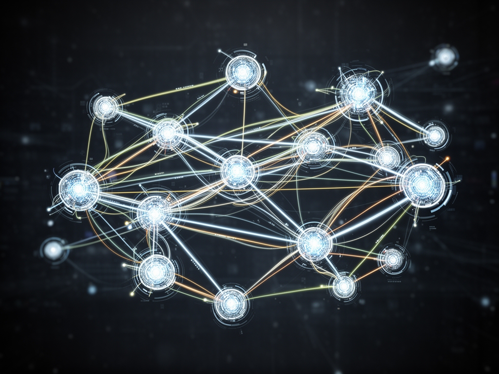 ИИ-агенты: абстрактная схема автономных программных агентов с взаимодействующими нодами и стрелками в цифровой среде