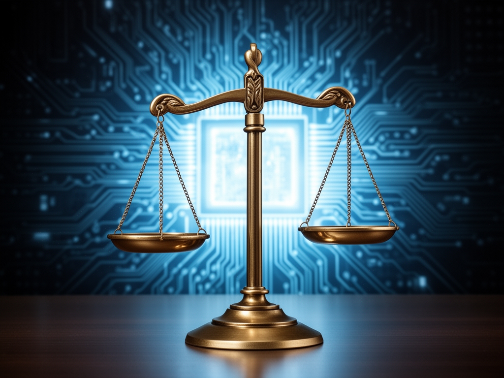 Этика искусственного интеллекта: весы правосудия рядом с процессором, символизирующие баланс между технологиями и этическими ограничениями, на нейтральном сером фоне