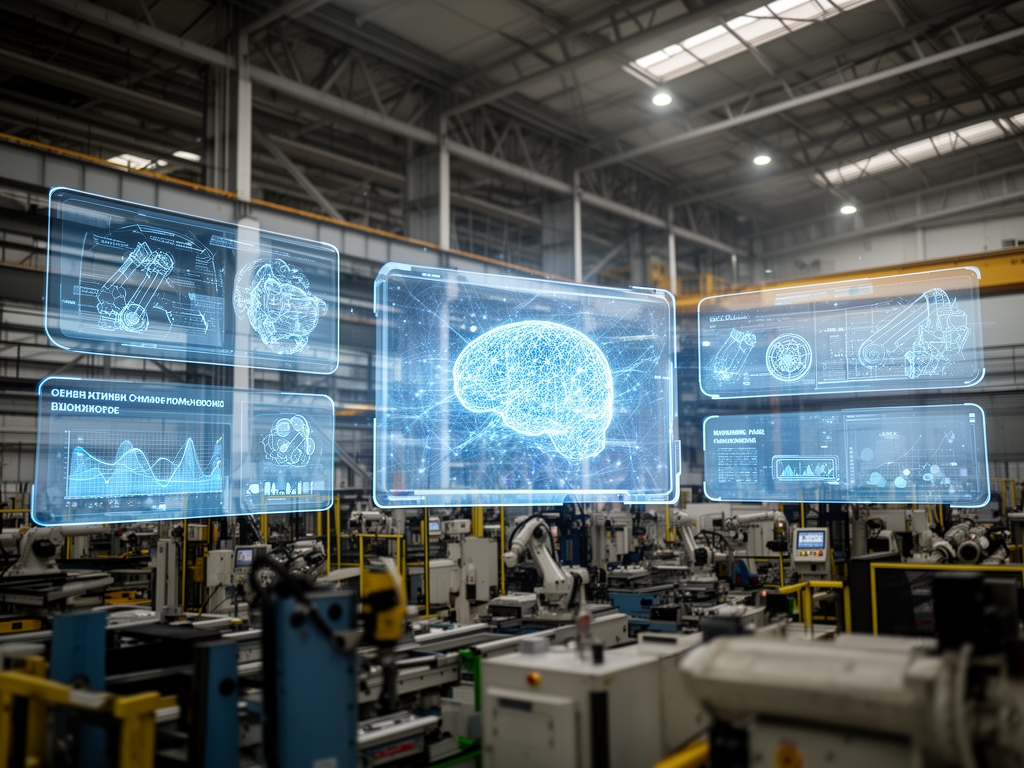 Обложка главной статьи: визуализация генеративного ИИ в промышленном применении — завод с AR-интерфейсом и данными машинного обучения на экранах