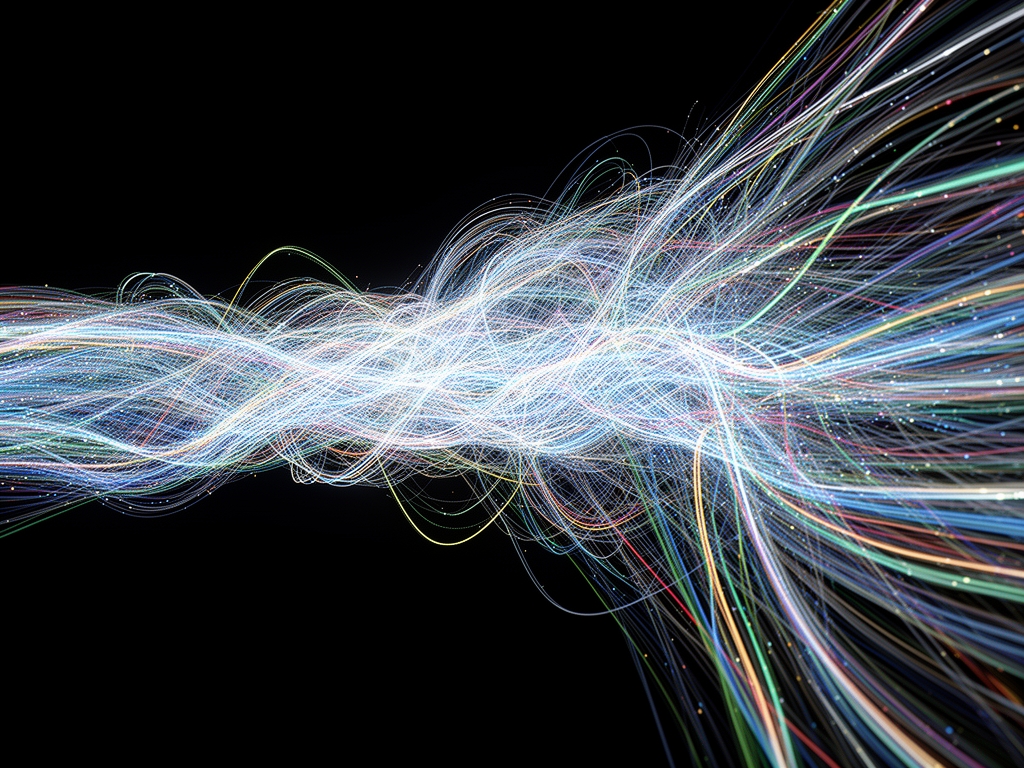 Большие языковые модели 2025 года: абстрактная визуализация потоков текстовых данных и трансформерной архитектуры в виде светящейся сети на чёрном фоне