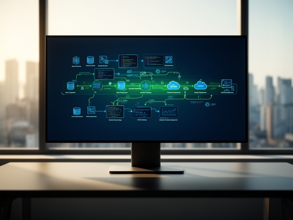 MLOps практики: экран с CI/CD пайплайном для машинного обучения, показывающий этапы от данных до деплоя модели