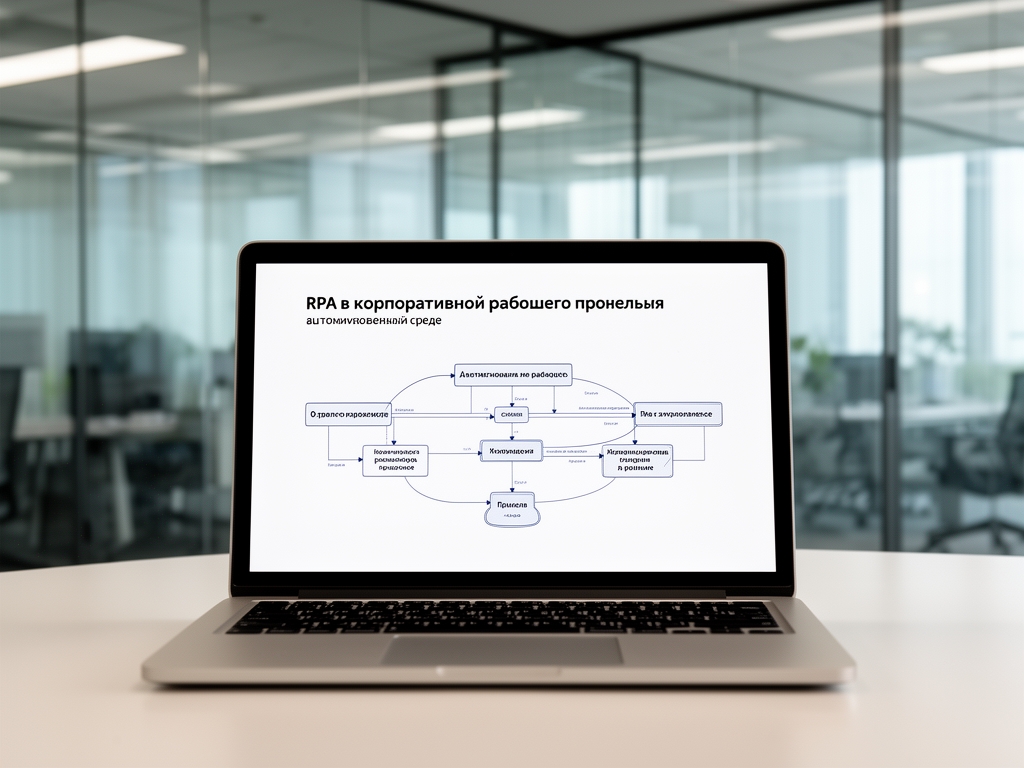 RPA в корпоративной среде: руки офисного сотрудника рядом с экраном ноутбука, показывающим диаграмму автоматизированного рабочего процесса с иконками задач