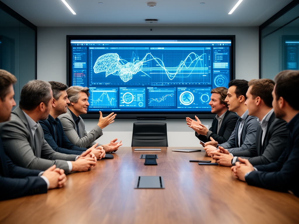 Группа профессионалов в сфере технологий ведёт оживлённую дискуссию в современном конференц-зале с экранами, показывающими графики ИИ-алгоритмов