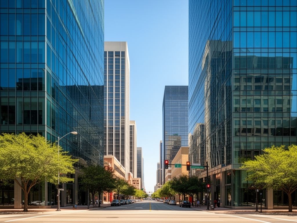 Вид на деловой район Далласа, Техас — стеклянные офисные здания на McKinney Avenue в солнечный день
