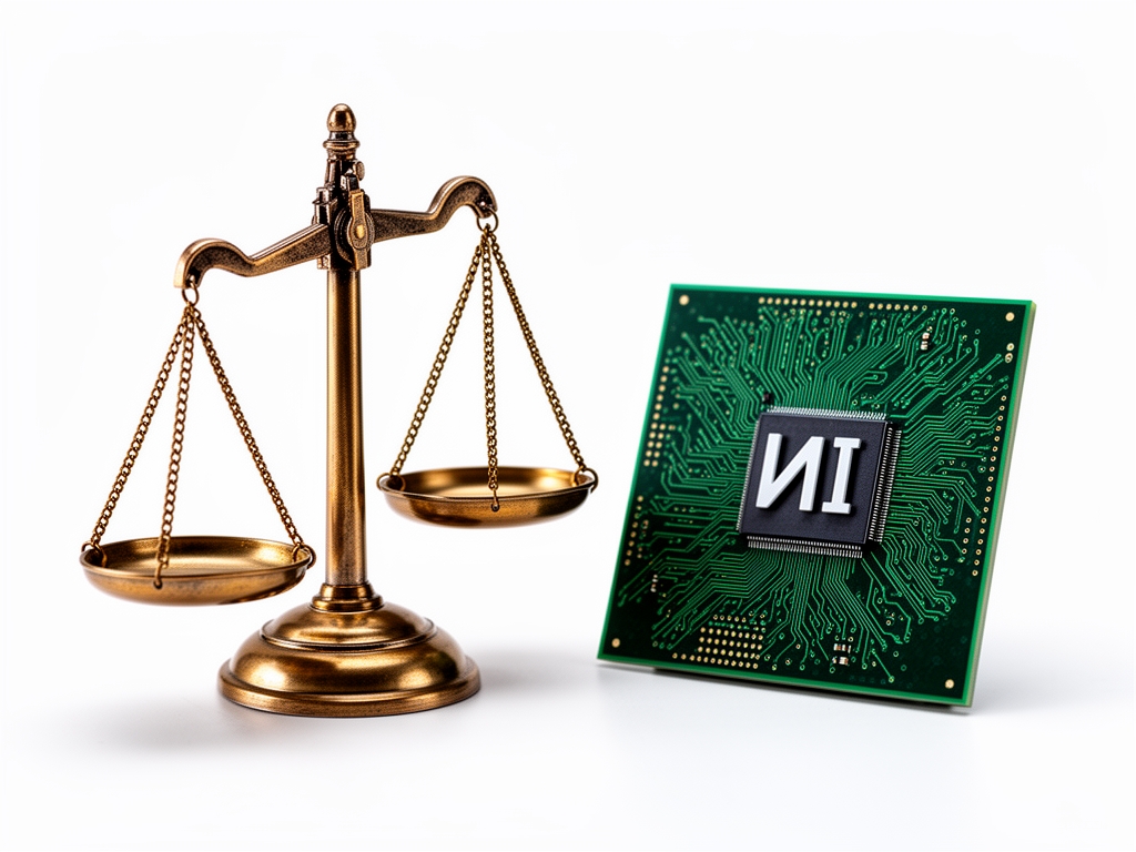 Этика в ИИ: весы правосудия рядом с процессором на белом фоне, символизирующие принципы ответственного использования искусственного интеллекта