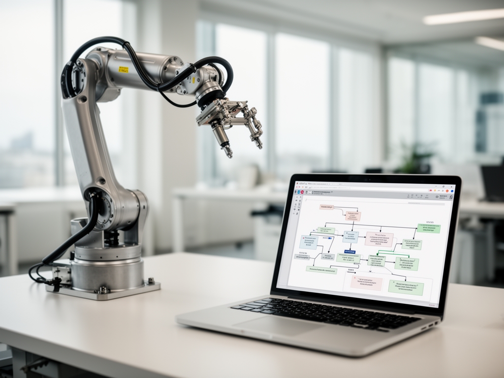 Автоматизация бизнес-процессов: роботизированные манипуляторы рядом с экранами с диаграммами рабочих процессов в современном офисе