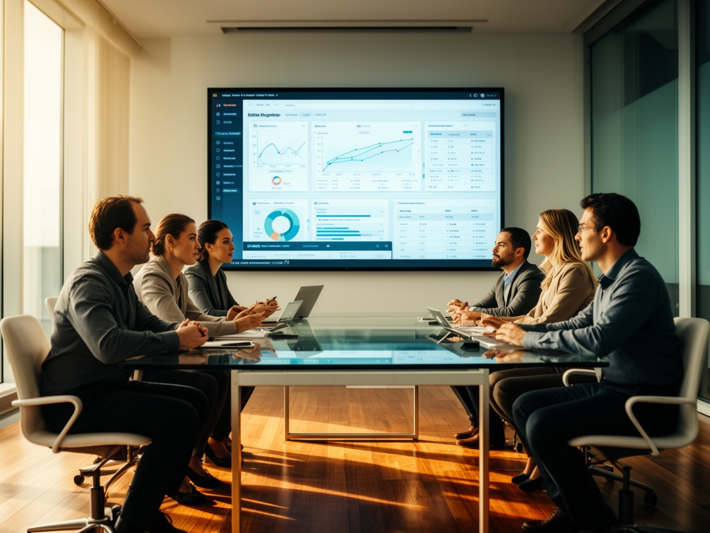 Стратегия работы с данными: деловая встреча у большого экрана с аналитическими дашбордами, графиками и таблицами данных