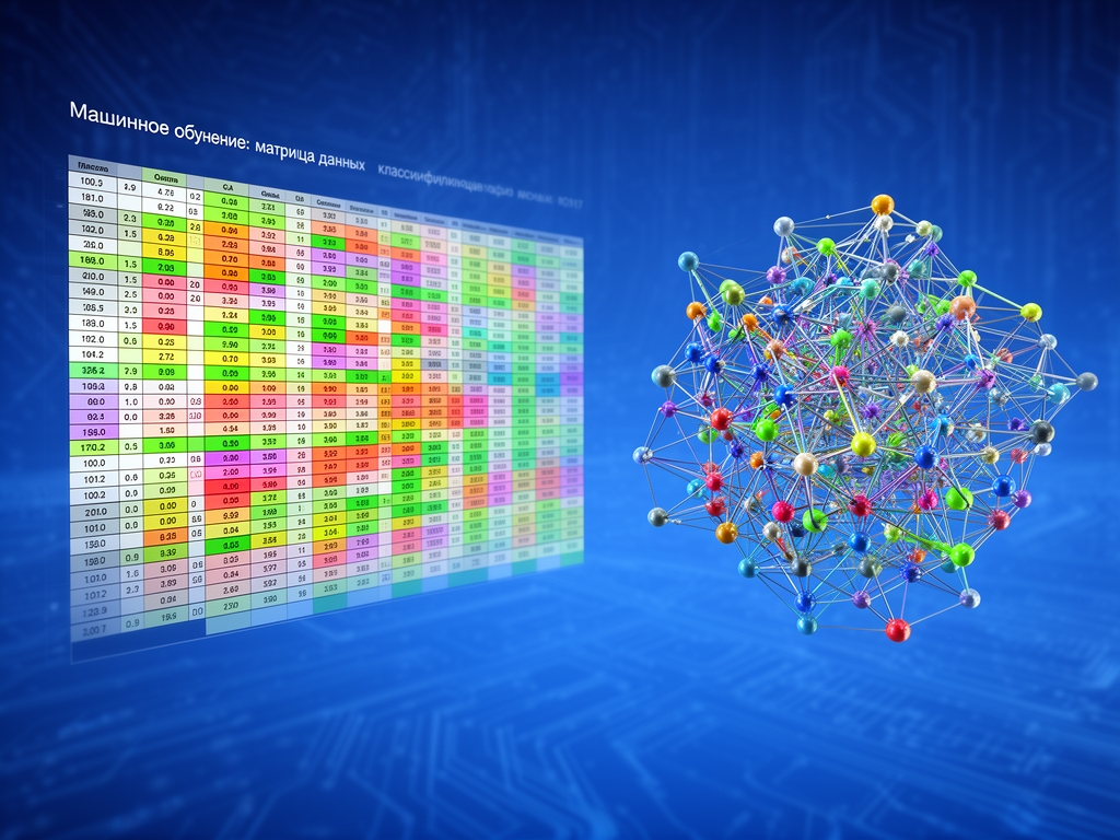 Машинное обучение и анализ данных: три-мерный граф с узлами данных и стрелками алгоритмов классификации на тёмном фоне с синими акцентами