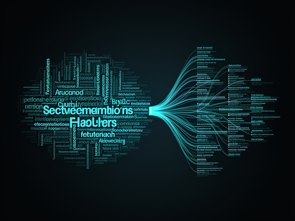 Обработка естественного языка: облако слов и диаграмма трансформерной модели с потоками текста на тёмном фоне с бирюзовыми акцентами