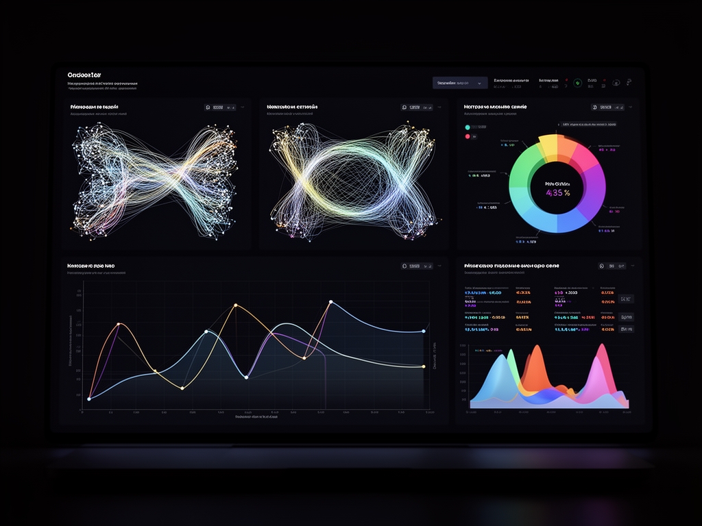 Интерактивная панель аналитики ИИ с графиками нейронных сетей, метриками точности моделей и визуализацией данных на тёмном фоне