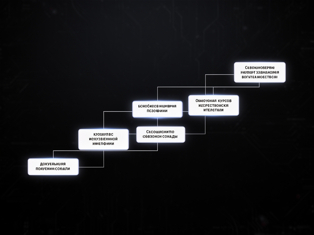 Схема образовательной платформы с модулями курсов по искусственному интеллекту, соединёнными линиями прогресса на тёмном технологическом фоне