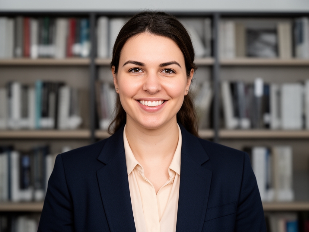 Профессиональный портрет Марины Ковальской, ведущего аналитика по ML: женщина 32 лет в светлой блузке, дружелюбная улыбка, офисный фон с книжными полками