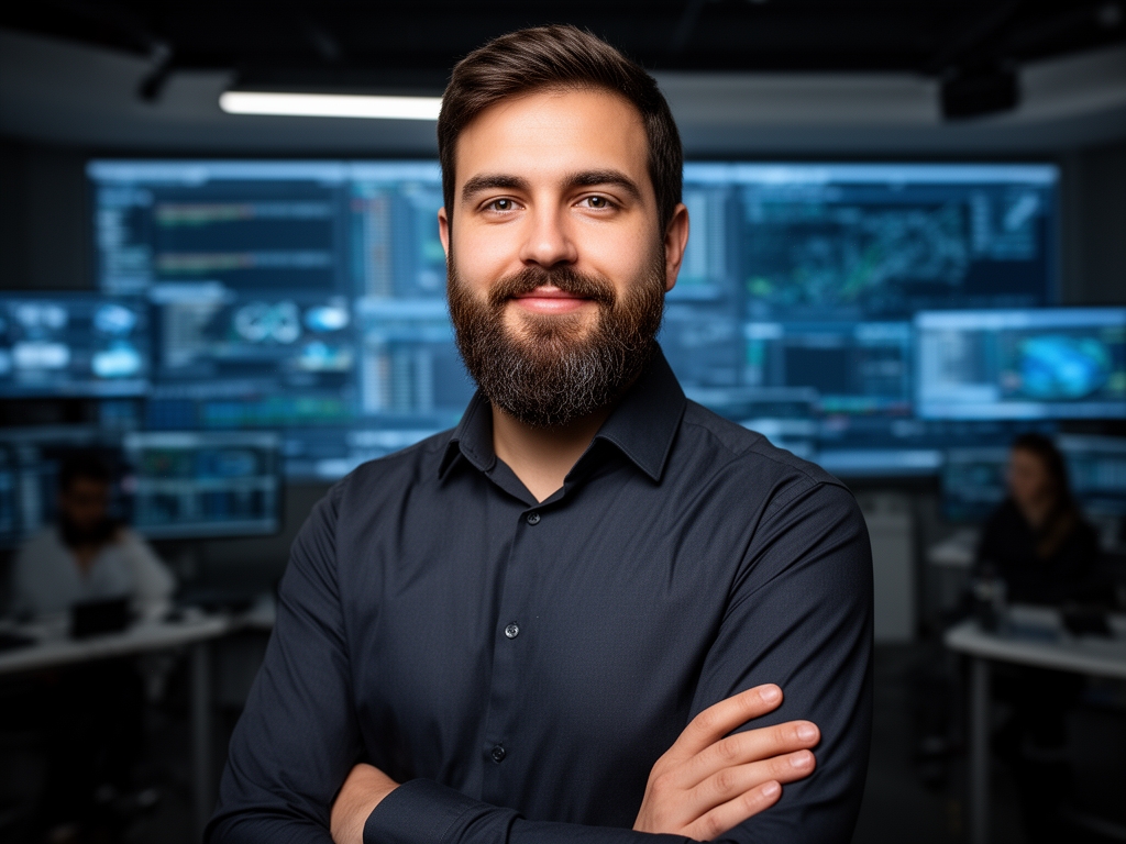 Профессиональный портрет Игоря Петренко, эксперта по автоматизации: мужчина 41 года с бородой в тёмной рубашке, уверенная поза, технологический офис на заднем плане