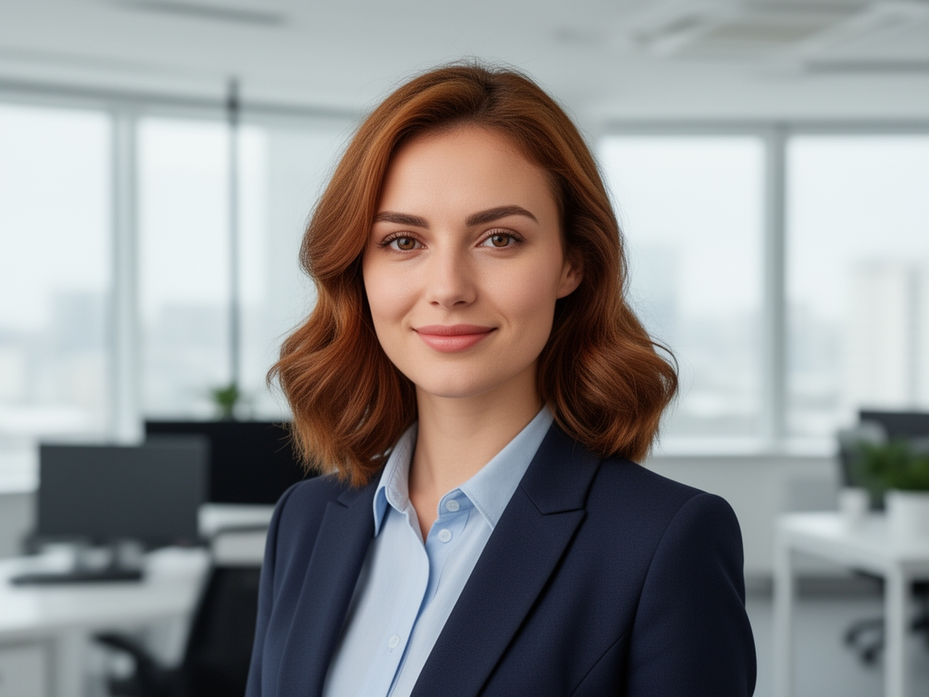 Профессиональный портрет Ольги Лысенко, редактора и исследователя: женщина 27 лет с каштановыми волосами в стильной одежде, современный светлый офис на фоне